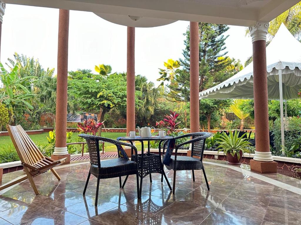 A peaceful sitting area in the garden